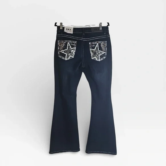 NWT Women's SKY Jeans Size 13/14 Low Rise Flare Star Jewel Bedazzled Pockets - Picture 2 of 6